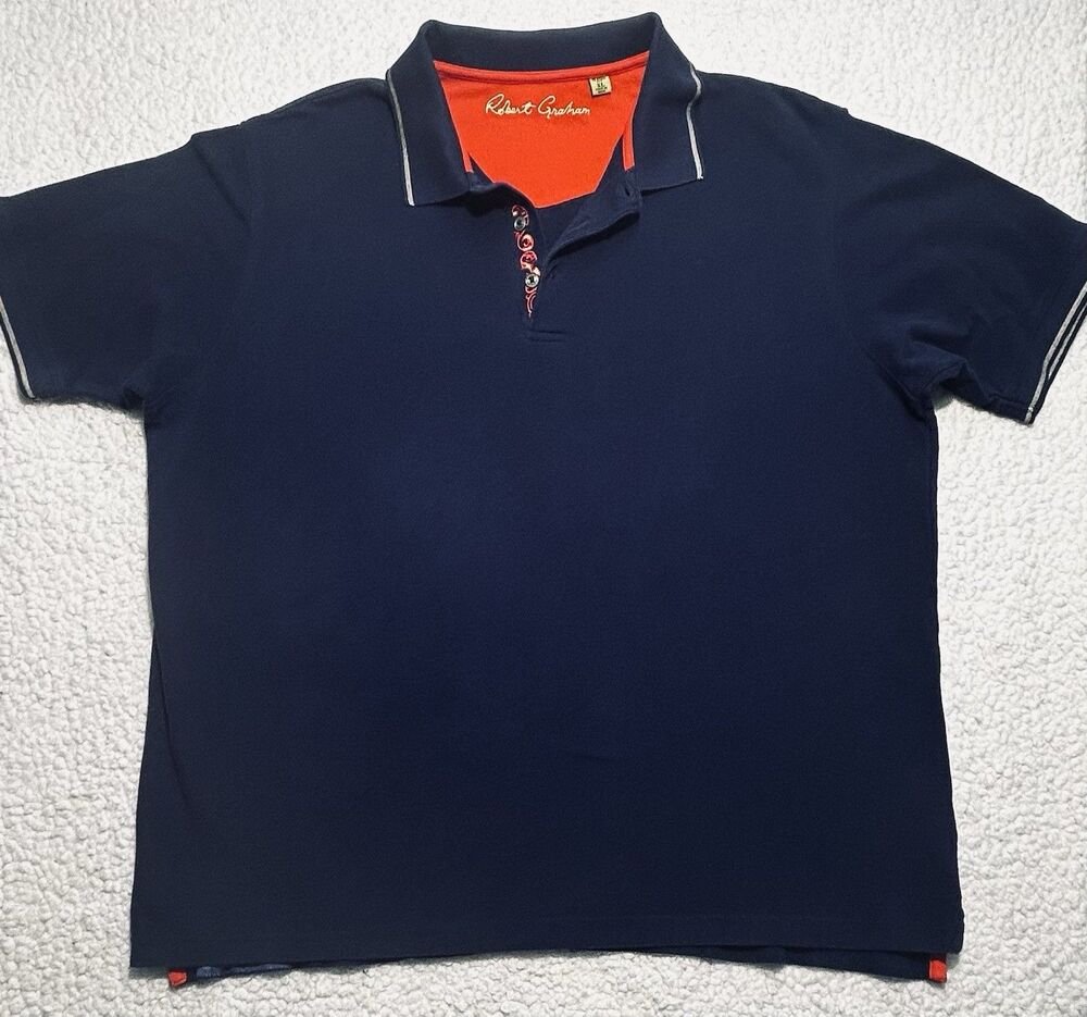 Robert Graham Men XL Regular Navy Blue Contrast Trim Short Sleeve Polo Cotton